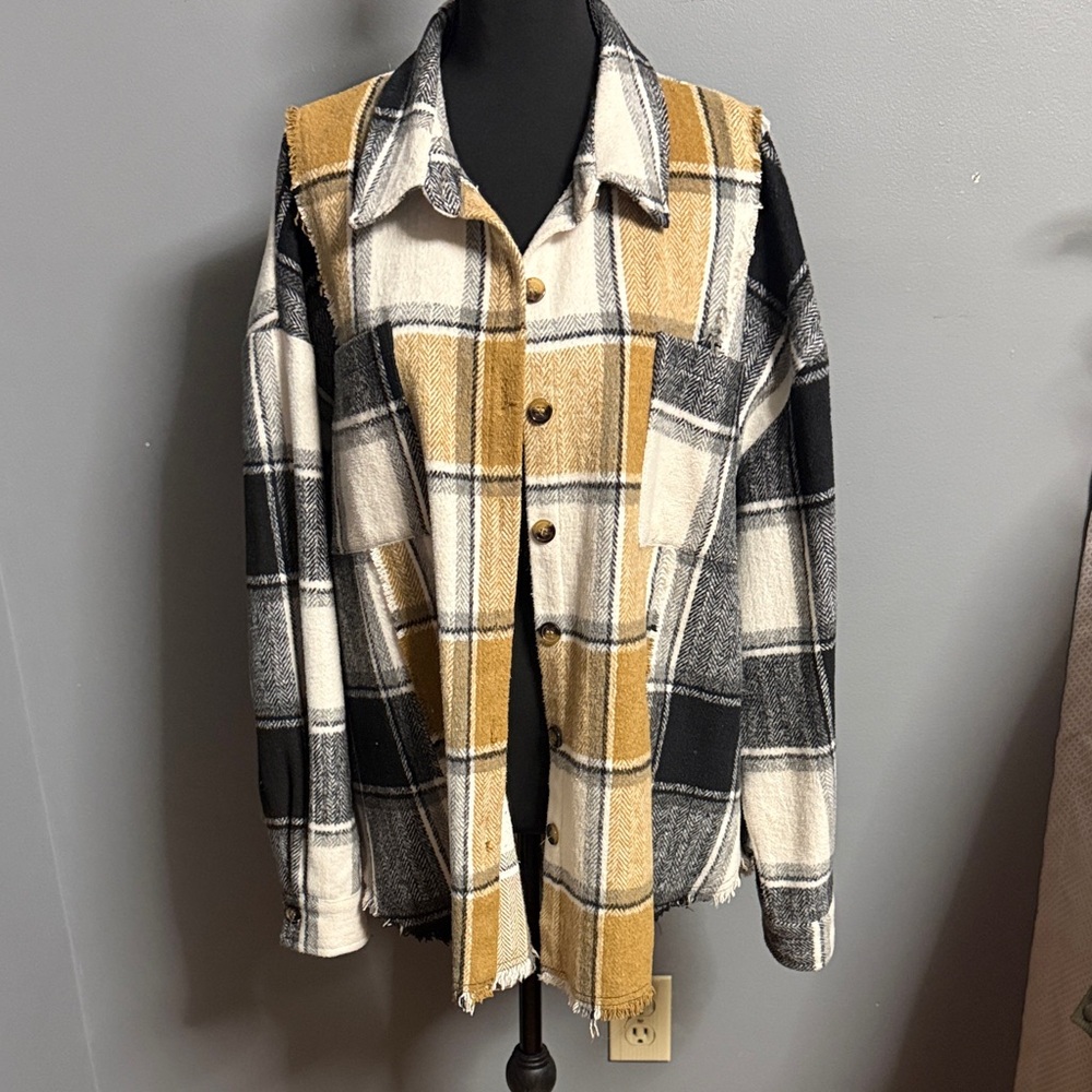 Blue B size large Plaid Button-Up Shacket Jacket - Mustard Black White